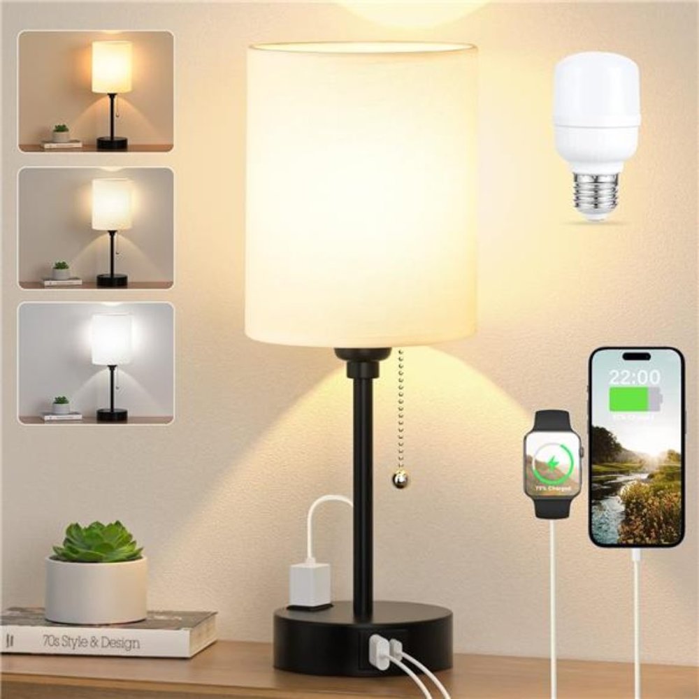 Small Bedroom Lamps with USB C & A Ports 3 Color Temperatures -2700K 3500K 5000K